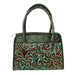 Patricia Nash Embossed Antique Turquoise Rich‎ Brown Leather Suede Lined Handbag